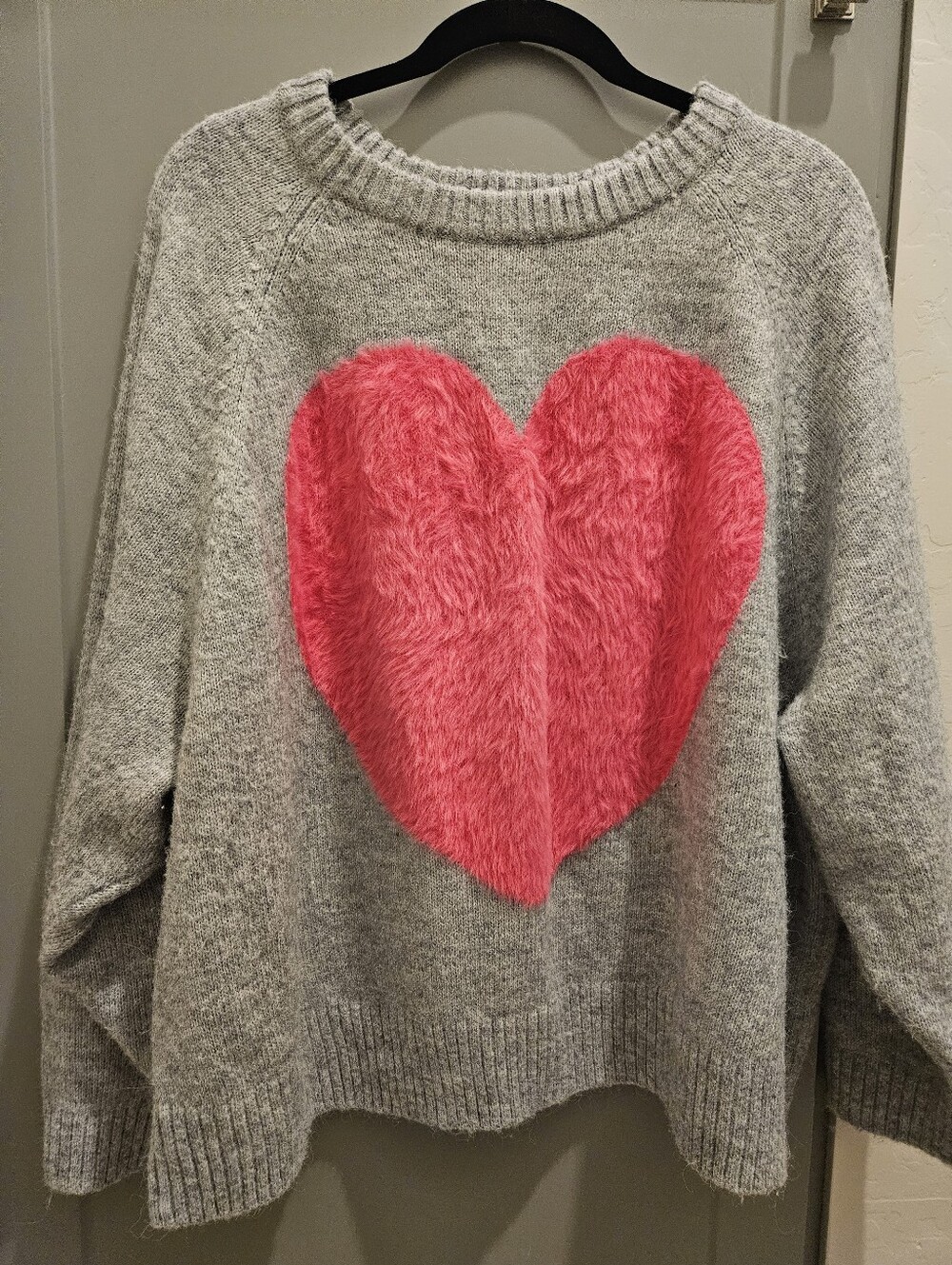 Old Navy Gray Crewneck Sweater with Pink Fuzzy Heart